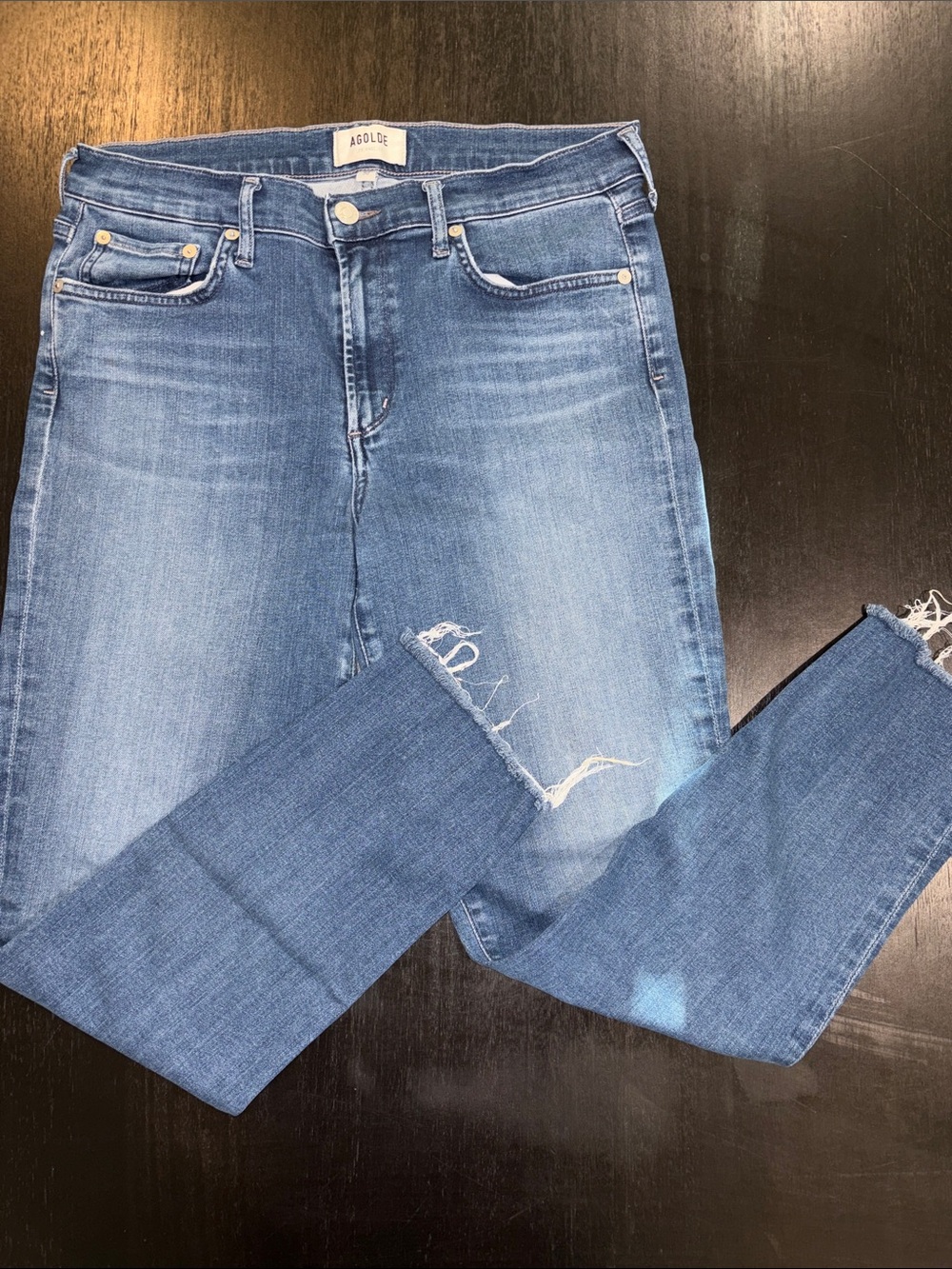 Agolde Blue High-Rise Skinny Jeans with Distressed Hem size 30